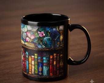 Stained Glass Bookshelf Black Ceramic Mug | Book Lover Coffee Cup 11oz 15oz