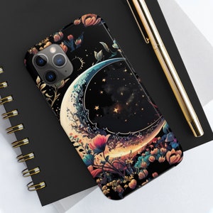 Funda resistente para Samsung iPhone Pixel con diseño floral, luna y estrellas, estilo cottagecore