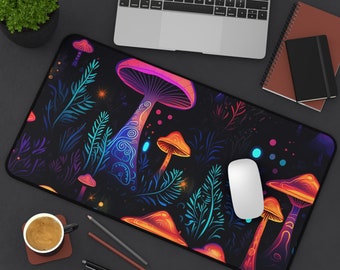 Cottagecore Mushroom Desk Mat: Psychedelic Neon Forest Mousepad