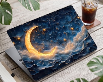 Golden Crescent Moon Matte MacBook Case | Night Sky Clouds Stars