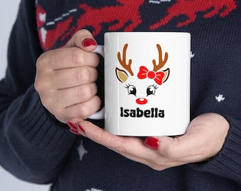 Taza personalizada de reno, regalo de Navidad para niños, ideal para rellenar la bota navideña.