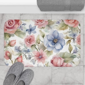 Vintage Floral Bath Mat: Shabby Chic Rose Decor, Non-Slip Washable Rug