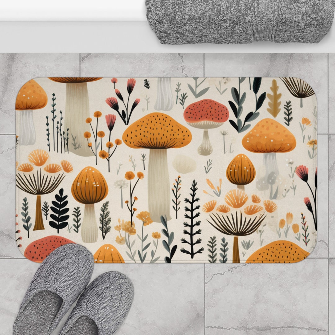 Cute Cottagecore Wild Mushroom Bath Mat, Floral Aesthetic Bath Mat ...