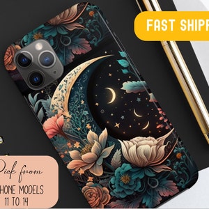 Cottagecore Floral Sun Moon Stars Mystical Tough Phone Case iPhone 11, 12, 13, 14, Pro, Iphone 15 Plus Pro/Pro Max, Mystical Phone Case