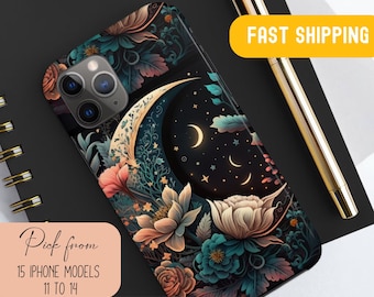 Cottagecore Floral Sun Moon Stars Mystical Tough Phone Case iPhone 11, 12, 13, 14, Pro, iPhone 15+ Pro/Pro Max, Funda de teléfono místico