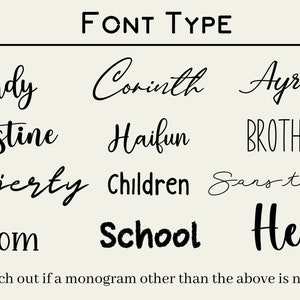 Pode incluir: Uma lista de diferentes estilos de fonte para monogramas, incluindo Candy, Corinth, Ayrton, Justine, Haifun, Brothers, Majerty, Children, Sarsterdam, Bloom, School e Hello. O texto "Reach out if a monogram other than the above is needed" est&aacute; na parte inferior da imagem.