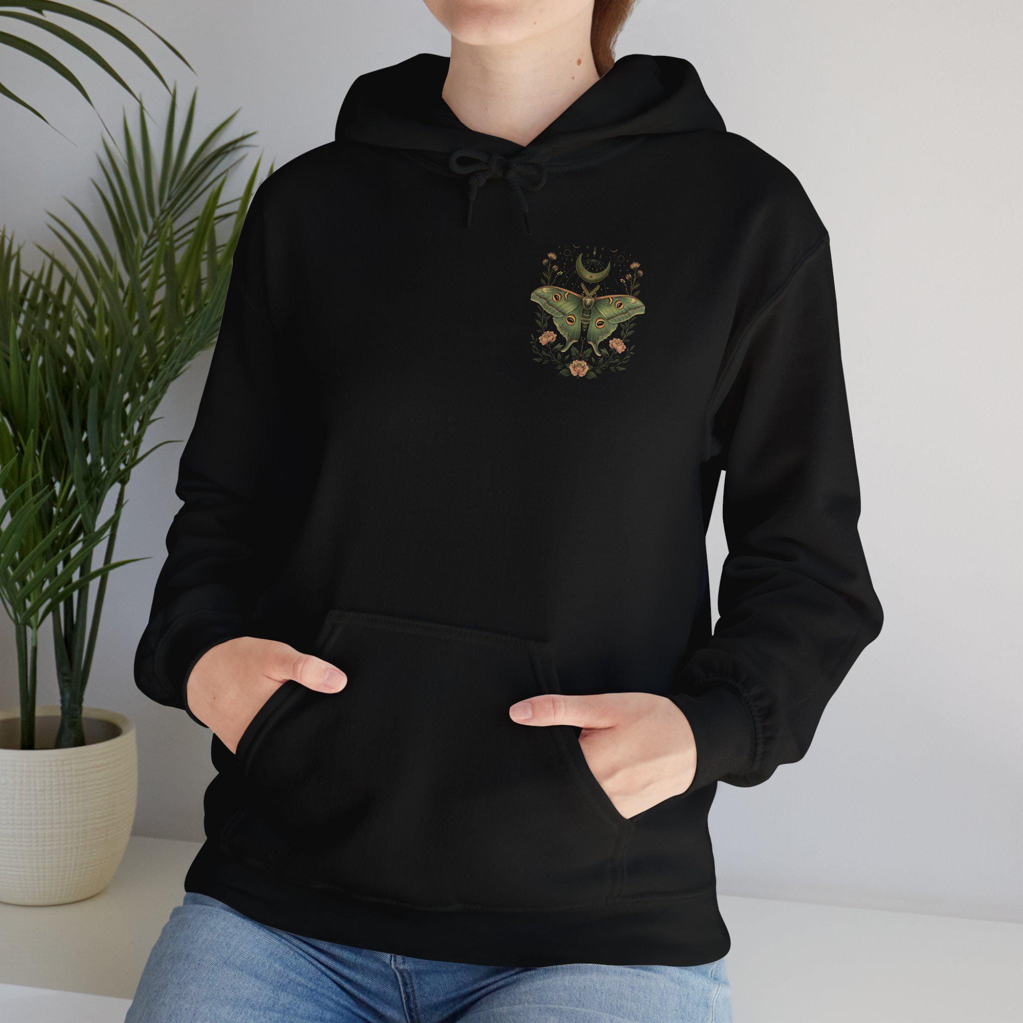Floral Luna Moth Crescent Moon Hoodie: Celestial Cottagecore 