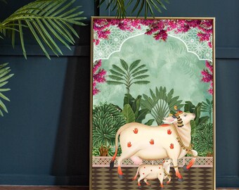 Pichwai indio, arte indio Pichhwai, estampado de vaca con loto, arte étnico, decoración india para el hogar, póster de loto indio, estampado desi, estampado indio
