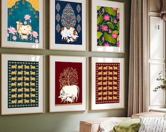 Pichwai indio, juego de 6, arte indio Pichhwai estampado de vaca con loto, decoración india para el hogar, póster de loto indio, estampado desi, impresión india,