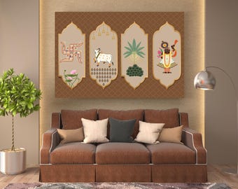 May include: A brown canvas wall art featuring four framed panels with Indian-inspired illustrations. The panels display a Swastika, a cow, a plant, and a deity. The artwork hangs above a brown sofa with decorative pillows.