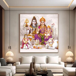 May include: A colorful painting depicting a Hindu deity family. Shiva, Parvati, Ganesha, and a young boy are seated together with a white cow. The painting is set against a background of mountains and clouds.