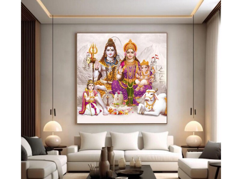 May include: A colorful painting depicting a Hindu deity family. Shiva, Parvati, Ganesha, and a young boy are seated together with a white cow. The painting is set against a background of mountains and clouds.