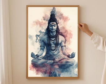 Shiv ji print ,Lord Shiva ,Shiva God at Mount Everest Painting, Spiritual Yoga Studio Artwork