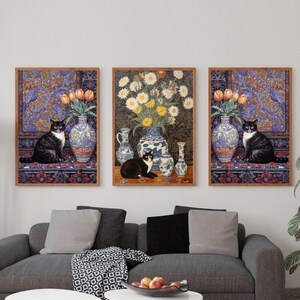 Set of 3,Claude Monet Sunflowers Cat Print, Monet Cat Poster, Black Cat Art, Floral Print, Funny Cat print, Funny gift, Home decor Poster