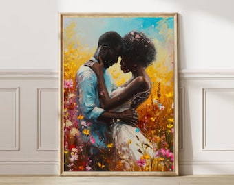 African Couple Embrace Wall Art, Vibrant Floral Field, Afrocentric Portrait (Digital Download)