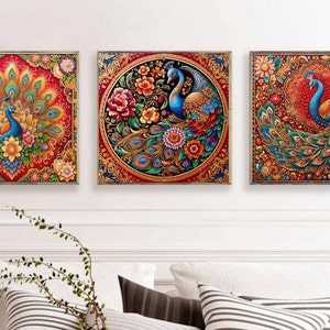 Peacock print, set of 3, Tropical Wall Art, Vintage Prints, Digital Download, Indian Art, Animal Print, Living Room Decor, Floral Wall Art