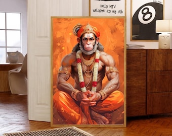 Hanuman-Kunst, Hinduistische Kunst, Spirituelles Geschenk, Indische Wanddekoration, Dekoration für den Gebetsraum, Indische Wandkunst, Dekoration für Meditations- und Yoga-Themen