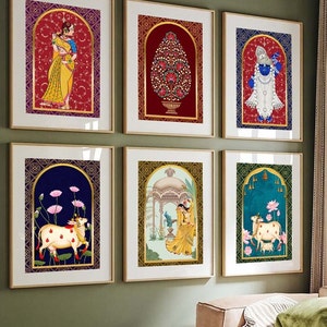 Indiase Pichwai set van 6, Indiase kunst Pichhwai koe print met lotus, etnische kunst, Indiaas interieur, desi print, Indiase print, Indiaas interieur