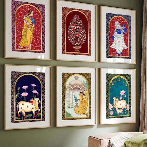 Lot de 6 indiens Pichwai, impression de vache Pichhwai d'art indien avec lotus, art ethnique, décoration d'intérieur indienne, impression desi, impression indienne, décoration d'intérieur indienne