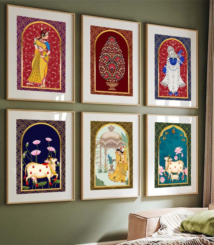 Indian Pichwai Set of 6 , Indian art Pichhwai cow print with lotus, Ethnic art,indian home decor,desi print,indian Print,indian home decor