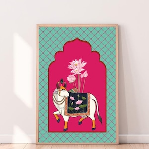 Pichwai indien, impression de vache Pichhwai avec lotus, peinture indienne vintage, affiche de lotus indien, impression desi