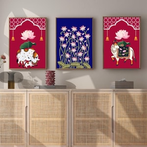 Indian Pichwai , Indian art Pichhwai cow print with lotus, Ethnic art,indian home decor, Indian Lotus Poster,desi print,indian Print