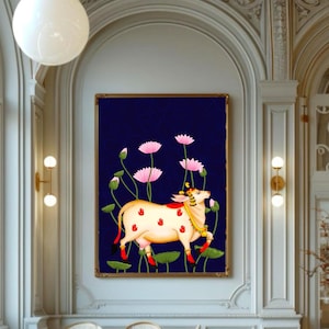 Indian folk art inspired wall art prints, Pichwai cow painting Indian wall prints for home decor, lotus and pattern art digital wall art