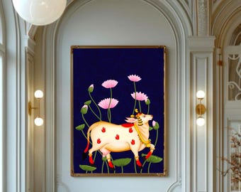 Impressões artísticas de parede inspiradas na arte folclórica indiana, pinturas de vacas Pichwai, impressões artísticas indianas para decoração de casa, arte digital de parede com motivos de lótus e padrões.