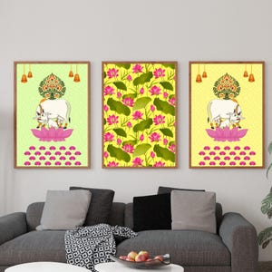 Indian Pichwai Set of 3, Indian art Pichhwai cow print with lotus, Ethnic art,indian home decor,desi print,indian Print,indian home decor