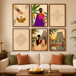 May include: A set of six framed wall art prints featuring illustrations of Indian cultural motifs, including a person holding a brass bowl, a person in a purple sari, geometric kolam patterns, and a person walking toward a temple.
