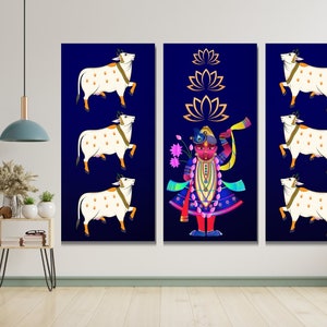 Set of 3 Pichwai painting of shrinathji with cows  Set of 3 Printable, Pichwai cow, pichwai painting, pichwai lotus , India wall art decor,