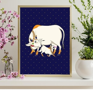 Pichwai indien, impression de vache Pichhwai avec lotus, peinture indienne vintage, affiche de lotus indien, impression desi