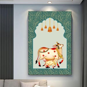 Indian Pichwai , Indian art Pichhwai cow print with lotus, Ethnic art,indian home decor, Indian Lotus Poster,desi print,indian Print