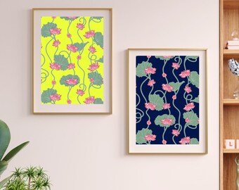 Indian Lotus Wall Art Set of 2, Vintage Palace Print, Traditional Indian Decor, Lotus Botanical Poster, Printable Wall Art, Digital Download