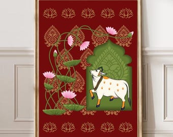 Indian Pichwai , Indian art Pichhwai cow print with lotus, Ethnic art,indian home decor, Indian Lotus Poster,desi print,indian Print