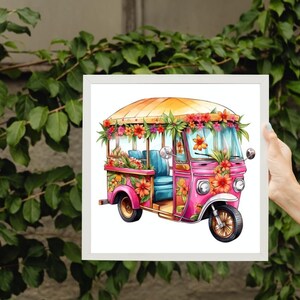 May include: A colorful watercolor illustration of a pink tuk-tuk adorned with flowers. The vehicle has a yellow canopy and is decorated with vibrant red, orange, and green floral arrangements. The artwork is set against a white background.