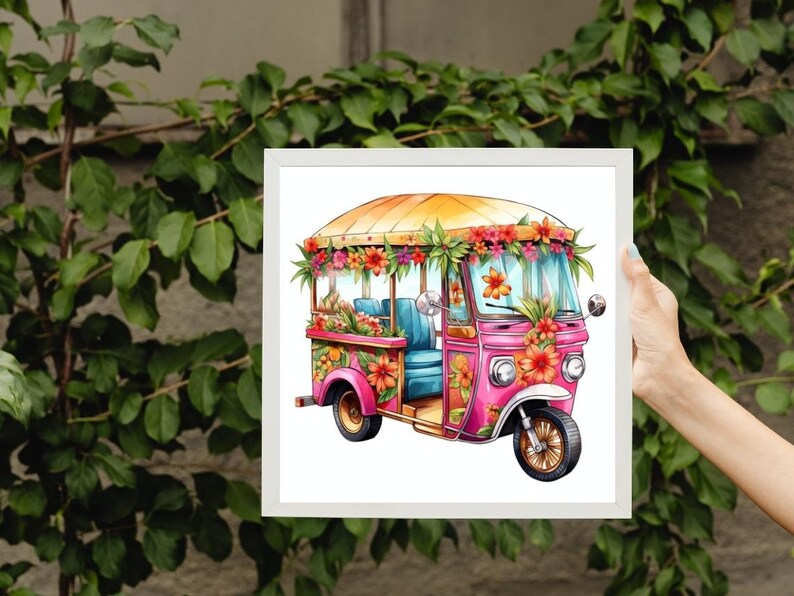 May include: A colorful watercolor illustration of a pink tuk-tuk adorned with flowers. The vehicle has a yellow canopy and is decorated with vibrant red, orange, and green floral arrangements. The artwork is set against a white background.