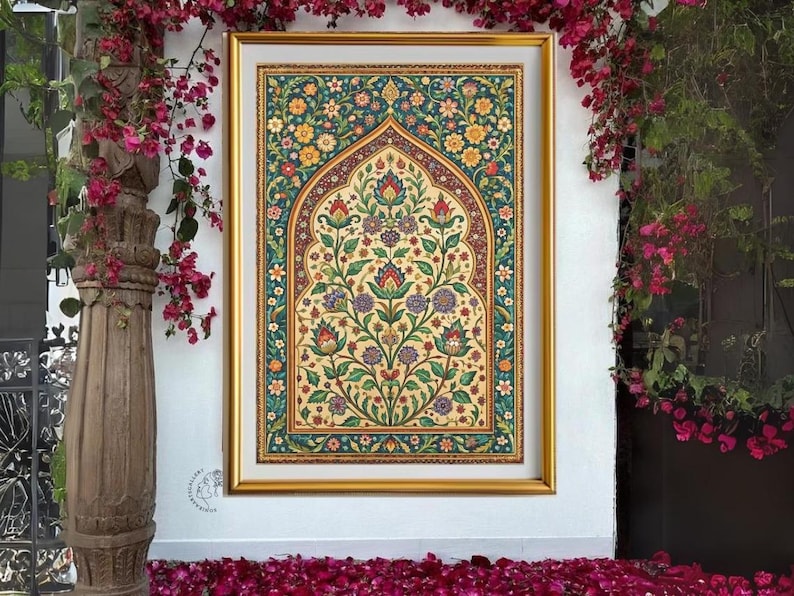 May include: A framed artwork with a colorful floral design in a traditional Islamic style. The artwork features a central archway with intricate details and a repeating pattern of flowers and leaves.