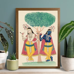Krishna & Radha, pooja room decor, indian wall art, Pichwai Painting ,lord krishna dancing with gopies,krishna painting,Outdoor Wall  Decor