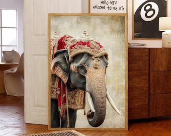 Indian Art, Nature Poster Prints, Living Room Decor, Printable wall art, Indian Vintage Palace Elephant Illustration, Animal Poster