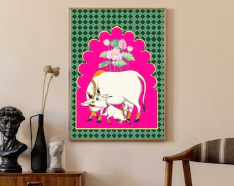 Arte folclórica indiana, pintura Pichwai, pôster decorativo para casa, arte de parede, pintura de vaca Pichwai, download digital instantâneo, decoração de parede para puja em casa.