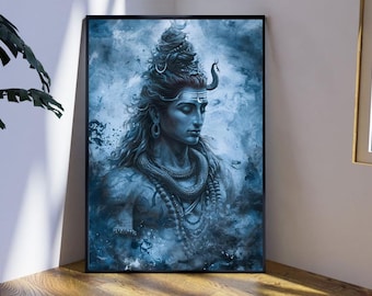 May include: A digital painting of Shiva, a Hindu deity, with a blue and white background. He is depicted with a third eye, a snake around his neck, and a long, flowing beard.