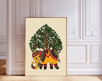 Indian Elephant Art, Vintage Indian Folk Art, Pichwai Painting, Living Room Decor, Traditional South Asian Artwork, Kalamkari Wall Art Print