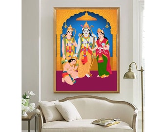 May include: A framed illustration of a Hindu deity, Rama, with his wife Sita and brother Lakshmana. The image is set against a blue background with a gold frame and intricate details.