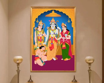 Pode incluir: Uma ilustração enquadrada de quatro deidades hindus. A figura central é um homem com o rosto azul e uma coroa, segurando um arco e uma flecha. Ele é flanqueado por duas mulheres, uma com um sari vermelho e verde e a outra com um sari azul e verde. Um menino pequeno com uma coroa ajoelha-se diante da figura central.