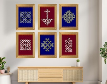 Kolam Art Print,Set of 6, Pulli Kolam Digital, Minimal Art, Puja Pooja Decoration, South Indian Art, Rangoli Pattern, Indian Art Print