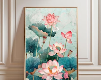 Pink Lotus Wall Art Print, Vintage Botanical Poster, Indian Floral Decor, Lotus Flower Artwork, Gallery Wall, Digital Download