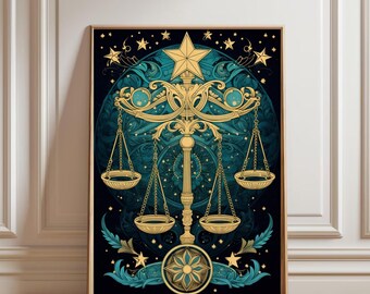 May include: A gold and teal blue zodiac sign illustration of Libra, the scales, with a star at the top and a circle with a star in the centre. The background is a dark blue with stars.