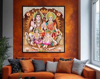 Shiva family, goddess painting, hindu god painting, indian art painting, lord shiva painting, indian god painting, indian wall art, folk art