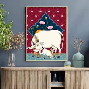 Pichwai Cow & Calf in Lotus pond, Handpainted Original Artwork, Instant Download, Traditional Indian Art, Printable Wall Art, Pichwai Print